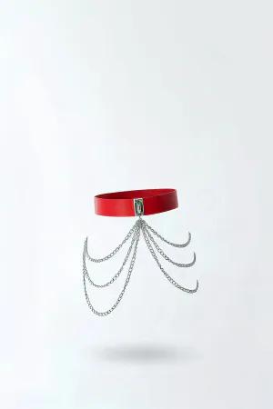 Red Faux Leather Waist Belt with Draping Silver Body Chains