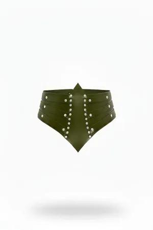 Khaki Studded Vegan Leather Corset Waist Belt with Silver Hardware