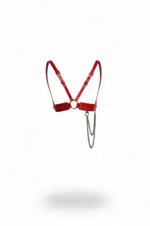 Red Faux Leather Chest Harness with Studs and Silver Chain Detail