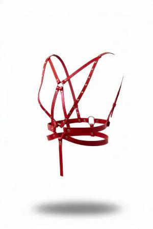 Red Studded Faux Leather Chest Harness Caged Strappy Design