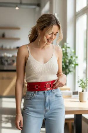 Red Faux Leather Wide Waist Belt with Triple Silver O-Rings over a white top and blue jeans