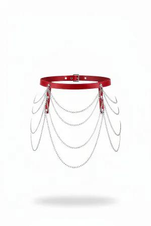 Red Faux Leather Waist Harness Draped Silver Chains Adjustable Buckle
