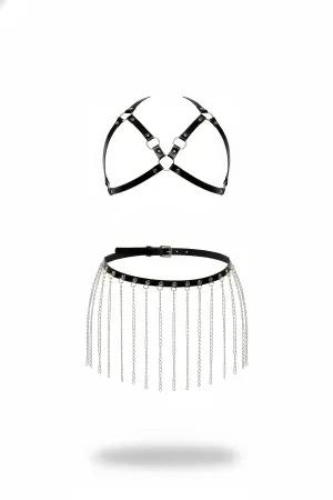 Black faux leather chest harness and chain fringe skirt set
