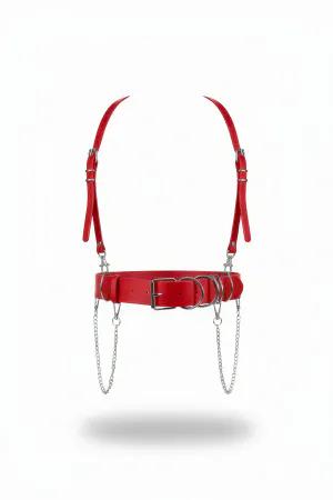 Red faux leather waist harness with silver O-rings and detachable chain accents