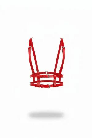 Red faux leather strappy chest harness with double buckle closures