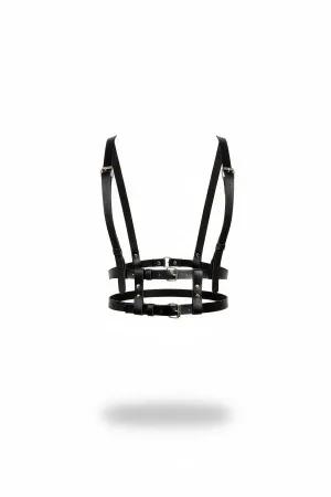 Minimalist Faux Leather Chest Harness Black Adjustable Straps Silver Buckles