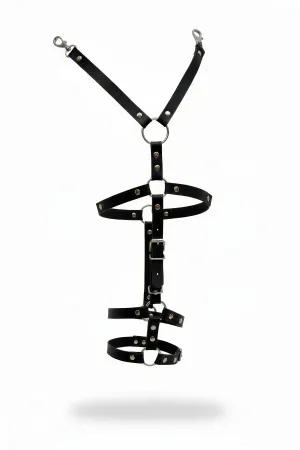Black faux leather garter harness with adjustable straps and O-ring detail