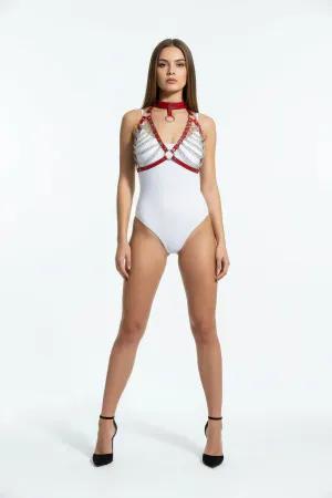 Red Faux Leather Chest Harness with Choker and Draping Chains