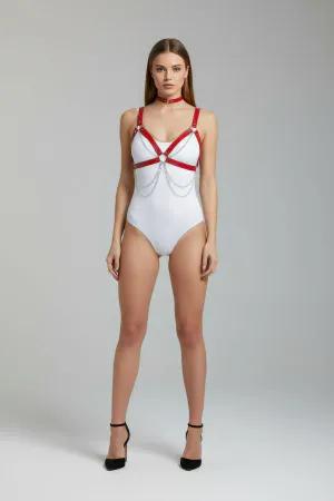 Red Faux Leather Strappy Chest Harness with Draped Silver Chains and O-Rings