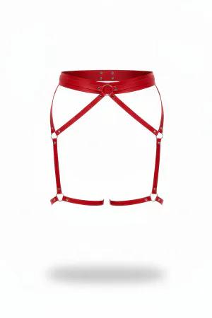 Red faux leather garter harness with central O-ring and adjustable straps