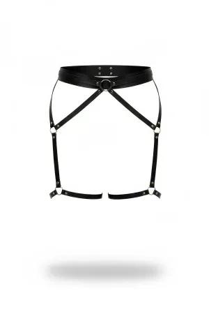 Black faux leather garter harness with O-ring detail and adjustable straps