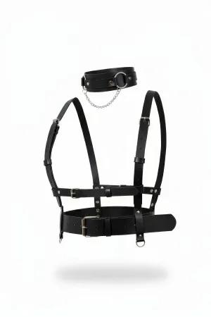 Black Faux Leather Body Harness and Choker Set with Silver Chain