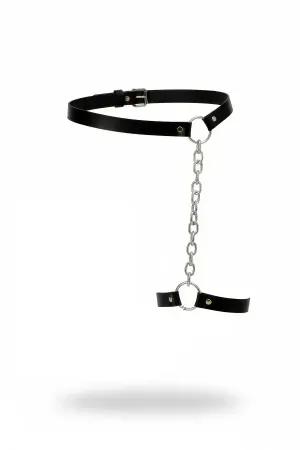 Black faux leather leg harness with silver chain and O-ring