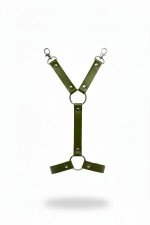 Olive faux leather O-ring garter harness with adjustable clips