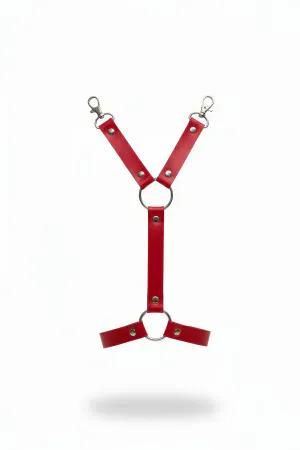 Red Faux Leather Strappy Body Harness with O-Ring and Silver Clasps