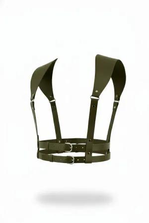 Khaki Faux Leather Wide Shoulder Body Harness with Dual Buckle Waist