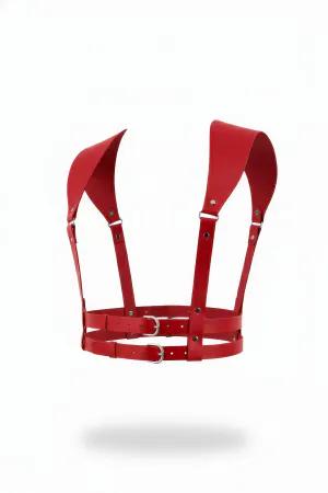 Red Faux Leather Structured Shoulder Chest Harness with Double Buckle Waist