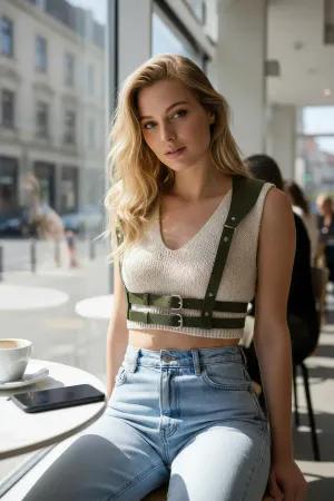 Olive Faux Leather Chest Harness Double Buckle Waist Adjustable Straps