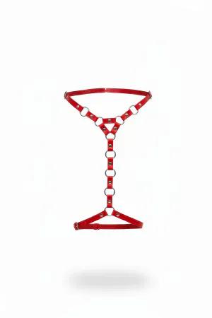 Red faux leather strappy body harness with O-ring details