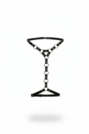 Black faux leather full body harness with silver metal rings and adjustable straps