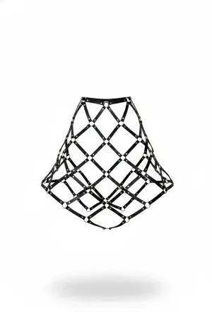 Black Faux Leather Diamond Lattice Cage Skirt Harness with Silver Studs