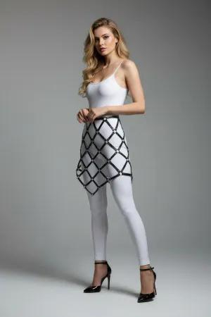 Black faux leather diamond grid cage skirt harness worn by model