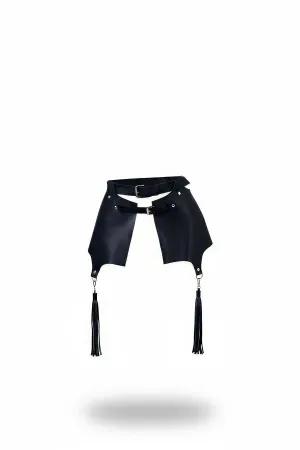 Black faux leather waist harness with asymmetrical skirt panels and dangling black tassels, silver buckle.