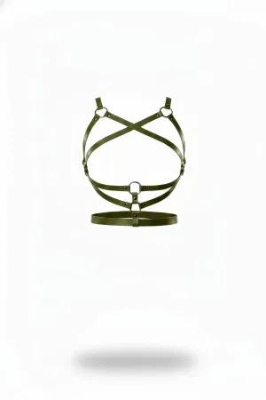 Olive Green Faux Leather Cross-Strap Chest Harness with O-Rings