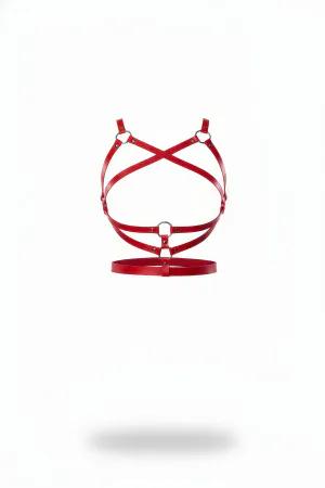 Red Faux Leather Criss-Cross Chest Harness with O-Rings