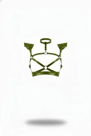 Olive Vegan Leather Chest Harness with Structured Shoulder Pads and Choker