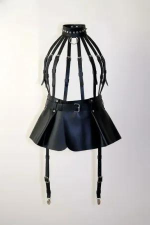 Black Faux Leather Full Body Harness Women Cage Back Design with Detachable O-Ring Chain