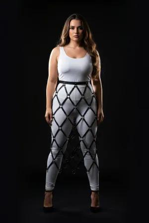Black diamond lattice skirt harness with O-rings worn by a plus-size model