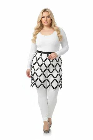 Diamond faux leather skirt harness overlay black silver O-rings