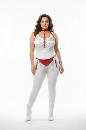 Red Faux Leather Harness Set with Chain Fringe for Women Adjustable