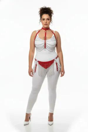 Red Faux Leather Harness Set with Chain Fringe for Women Adjustable