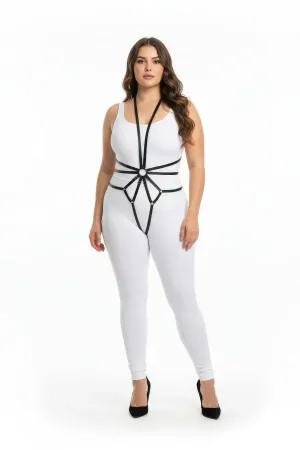 Black faux leather full body harness with central O-ring detail and adjustable straps