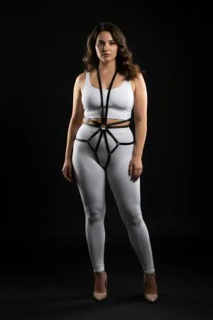 Black faux leather full body harness with central O-ring detail and adjustable straps