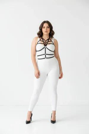 Black Faux Leather Caged Chest Harness Plus Size Model