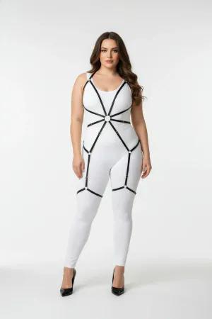 Black adjustable full body harness with O-ring detail worn by a plus size model.