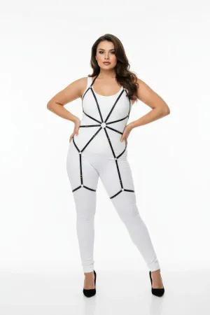 Black adjustable full body harness with O-ring detail worn by a plus size model.
