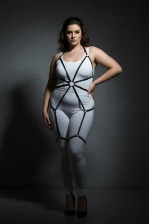 Black adjustable full body harness with O-ring detail worn by a plus size model.
