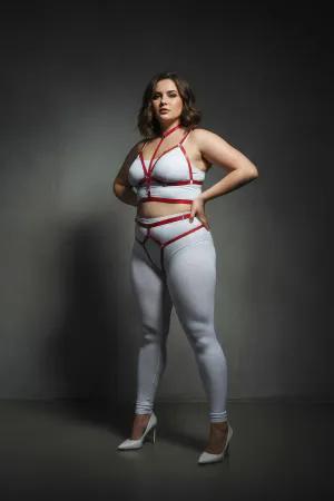 Red Full Body Cage Harness Vegan Leather Thigh Straps Plus Size