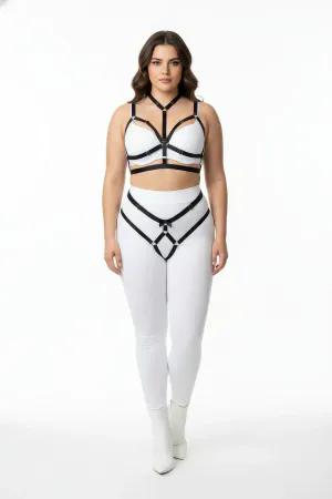 Black Vegan Leather Body Harness Garter Set O-Rings Plus Size Model