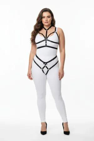 Black Vegan Leather Body Harness Garter Set O-Rings Plus Size Model