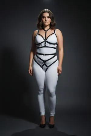 Black Vegan Leather Body Harness Garter Set O-Rings Plus Size Model