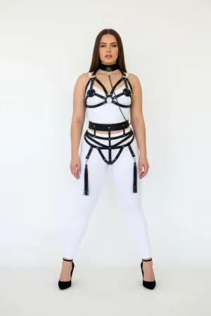Black Faux Leather Full Body Harness with Choker and Tassel Garters