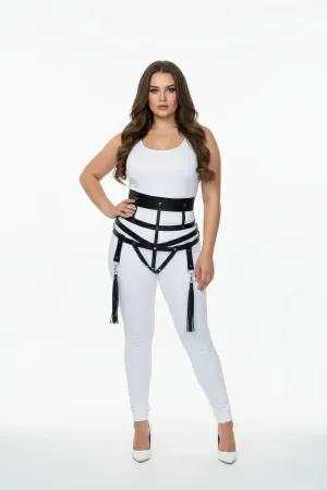 Black Vegan Leather Wide Strap Cage Harness with Detachable Tassel Garters
