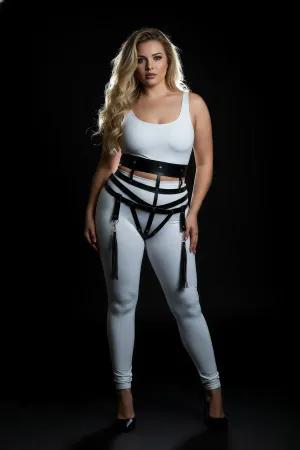 Black Vegan Leather Wide Strap Cage Harness with Detachable Tassel Garters