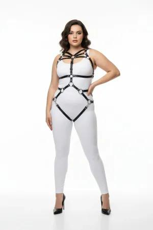 Black faux leather full body harness with O-ring details and adjustable straps on a plus-size model.