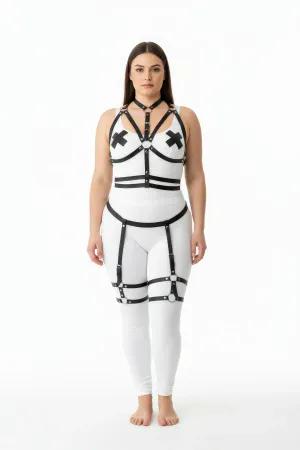 Black Faux Leather Full Body Harness with Choker and Detachable Leg Garters for Women